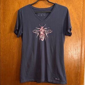Life Is Good Navy V-Neck Bee Graphic Tee with Pink Bee